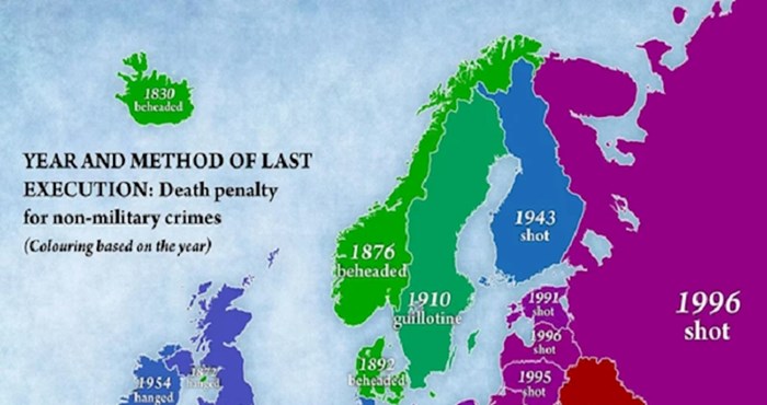 Karta prikazuje godine i način izvršenja posljednjih smrtnih kazni u Europi, pogledajte Hrvatsku