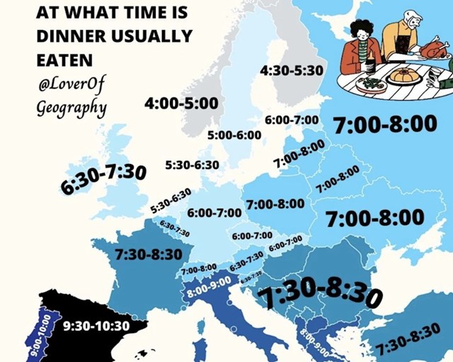 Uobičajeno vrijeme večere u europskim državama. Portugalu se ne žuri na spavanje!