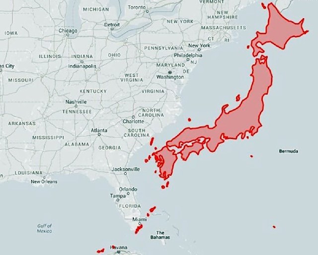 Svi smo navikli na veličinu Japana u usporedbi s Azijom. Pogledajte koliko je u biti velika ova država kada je usporedite sa SAD-om!