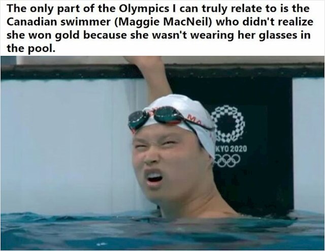 1. Kanadska plivačica nije skužila da je osvojila zlatnu medalju jer, naravno, ne nosi naočale za vid dok pliva