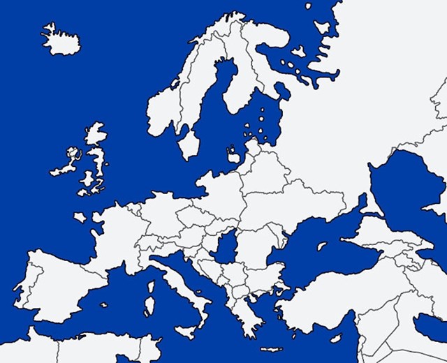 Karta Europe kada se razina mora podigne za 100 metara