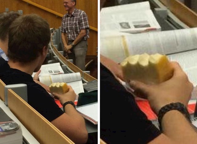 Prvo sam mislila da jede sendvič na predavanju, a onda sam shvatila da je ovo sami sir!