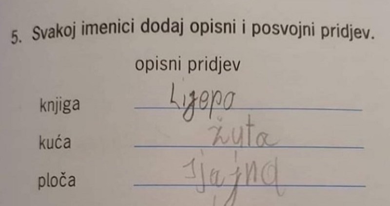 Učenici su imali zadatak dodati pridjev uz imenicu, morate vidjeti iskreni odgovor jednog dječaka