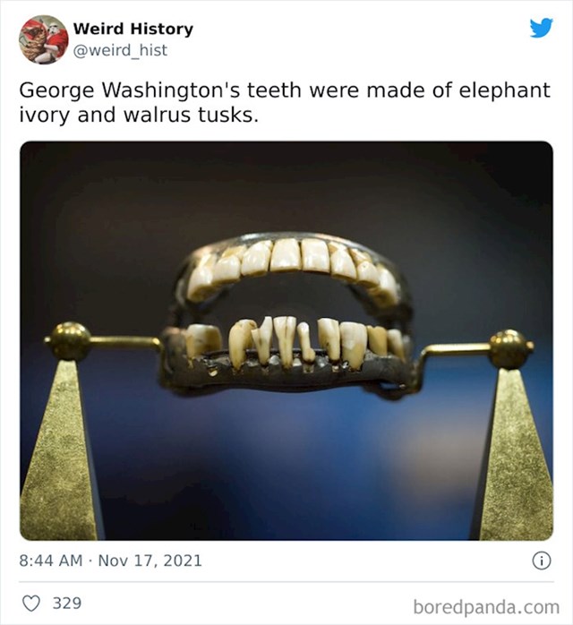 Umjetni zubi Georgea Washingtona bili su napravljeni od slonove kosti i kljovi morža