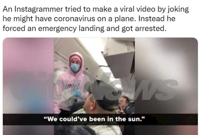 Tip je snimao reakcije ljudi u avionu kada je objavio da ima koronu. Rezultat: avion prisilno sletio, tip uhićen
