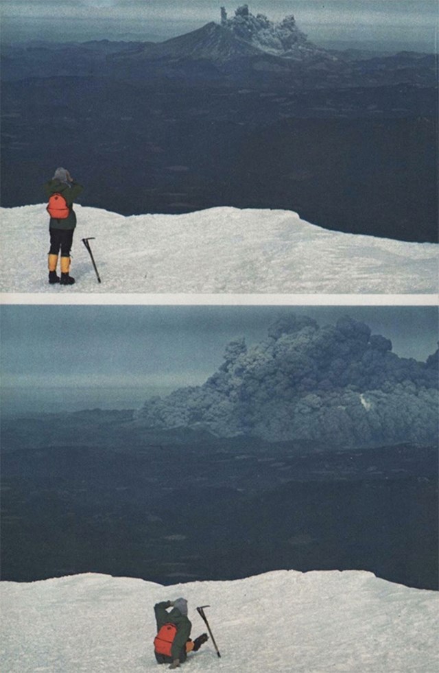 Alpinist promatra erupciju vulkana Sveta Helena s 37 milja udaljenog Mt. Adamsa