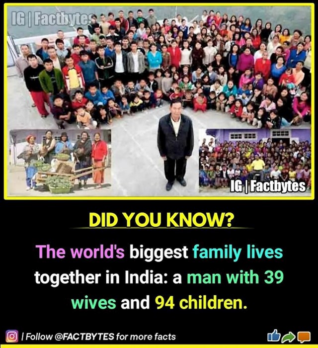 Ovo je najveća obitelj na svijetu. 1 otac, 39 žena, 94 djece. Skladna obitelj živi u Indiji.