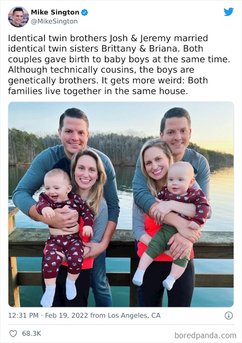 Jednojajčani blizanci oženili su jednojajčane blizanke, a oba para su dobila sinove. I svi žive u istoj kući!