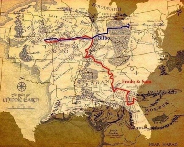 BONUS: Da su Frodo i Sam ili, pak, Bilbo Baggins putovali SAD-om, a ne Međuzemljem, ovo bi bile njihove rute!