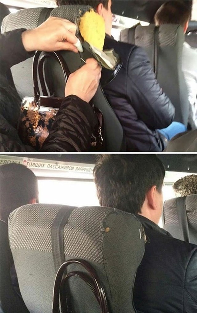 10. Žena je popravila navlaku za sjedalo tokom vožnje u autobusu