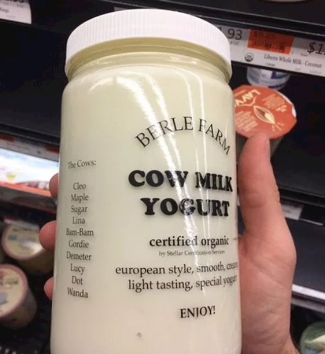 Jogurt s imenima krava čije je mlijeko korišteno za njegovu proizvodnju