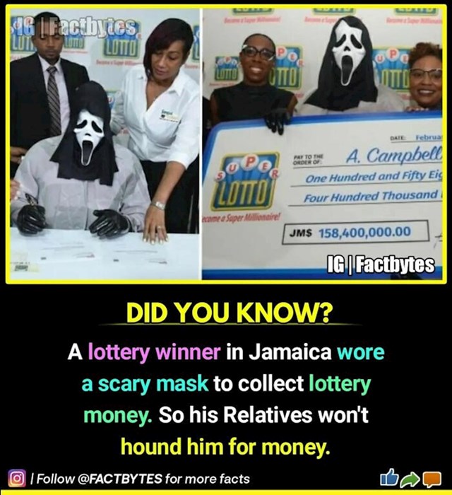 Osvajač lutrije s Jamajke pojavio se s popularnom maskom na primopredaji nagrade kako ga rodbina ne bi prepoznala i žicala novac