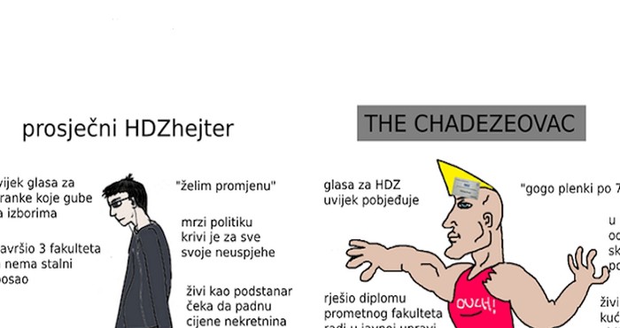 Meme prikazuje razlike između uhljeba i hejtera HDZ-a, da nije tužno bilo bi smiješno