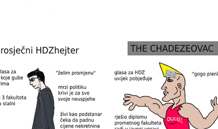 Meme prikazuje razlike između uhljeba i hejtera HDZ-a, da nije tužno bilo bi smiješno