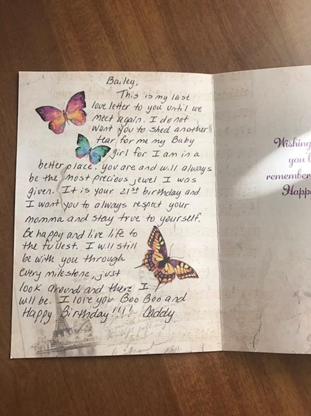 Tata je umro kada je njegova curica imala 16 godina. Od tada do njezinog 21. rođendana stizao joj je buket cvijeća kao tatina čestitka jer se tako dogovorio s lokalnom cvjećarnom. Danas je dobila posljednji buket i ovo pismo...