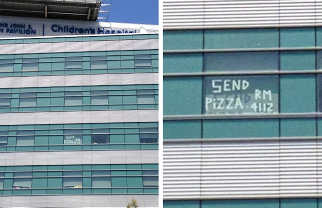 Maleni pacijent dječje bolnice zaželio je pizzu i pronašao način da ju i dobije! Toaletnim papirom je napisao poruku, koju su prolaznici vidjeli i ispunili mu želju!