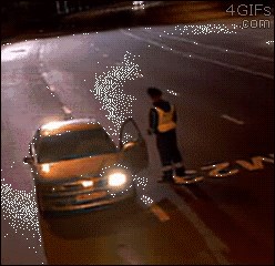 GIF Vozači se boje prometnih policajaca, a policajac se uplašio nečeg drugog 