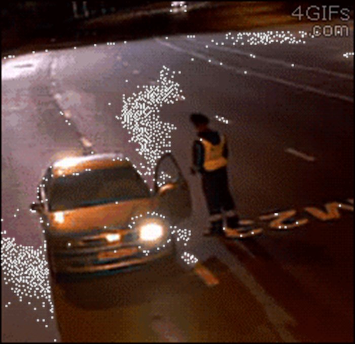 GIF Vozači se boje prometnih policajaca, a policajac se uplašio nečeg drugog 
