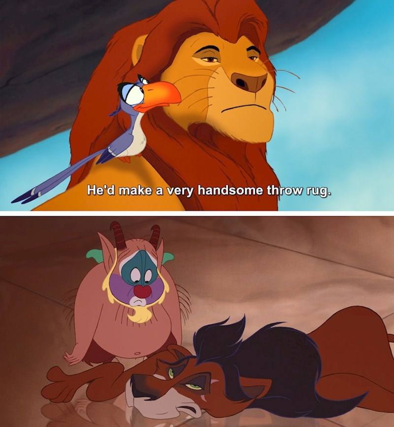 U "Kralju lavova" Zazu kaže da bi Scar bio dobar tepih. Točno u tom obliku se pojavljuje u "Herkulesu".