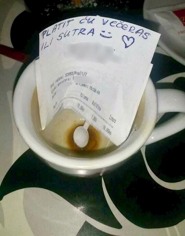 konobarica je slikala što joj je napisao čovjek koji je popio kavu i jednostavno otišao