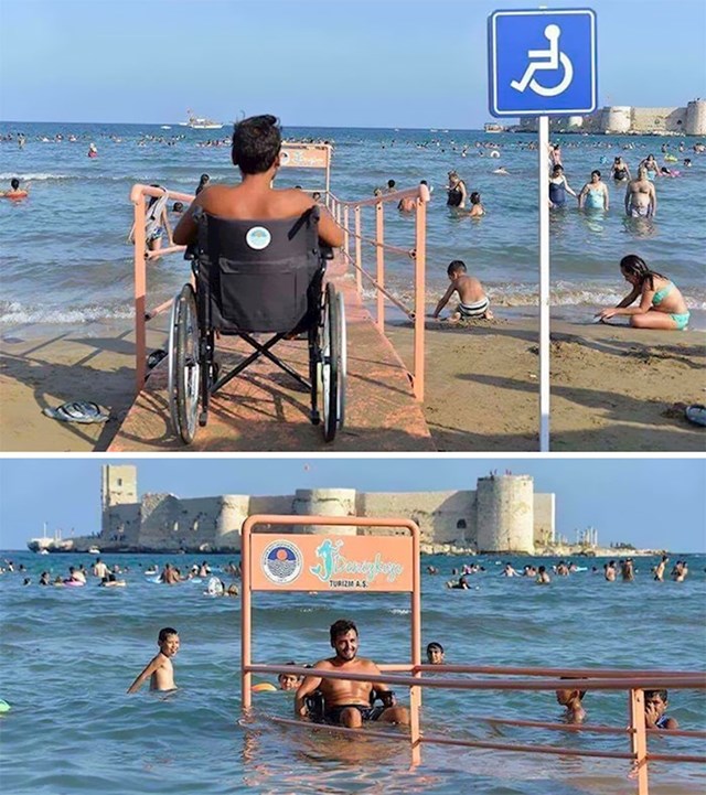 Sve više mjesta ima na plažama posebne rampe pomoću kojih se i osobe u invalidskim kolicima mogu kupati. Ova se nalazi u turskom Kızkalesiju.