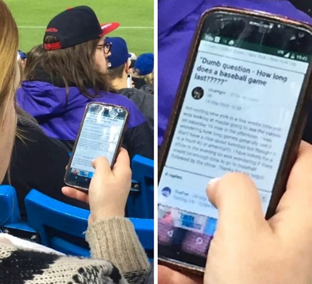 Dok je sjedila na stadionu, pretraživala je internet i pokušavala saznati koliko baseball utakmica traje. Mislila je da će biti zanimljivije.