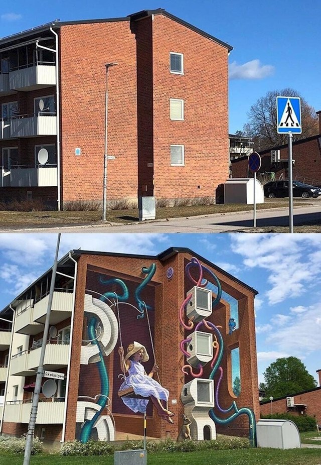 Zgrada prije i nakon što je ulični umjetnik naslikao mural
