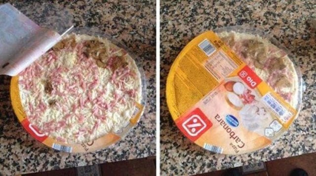 Ah, sramotna prijevara. Pogledajte koliko su toga stavili na dio pizze koji prije otvaranja nije vidljiv.