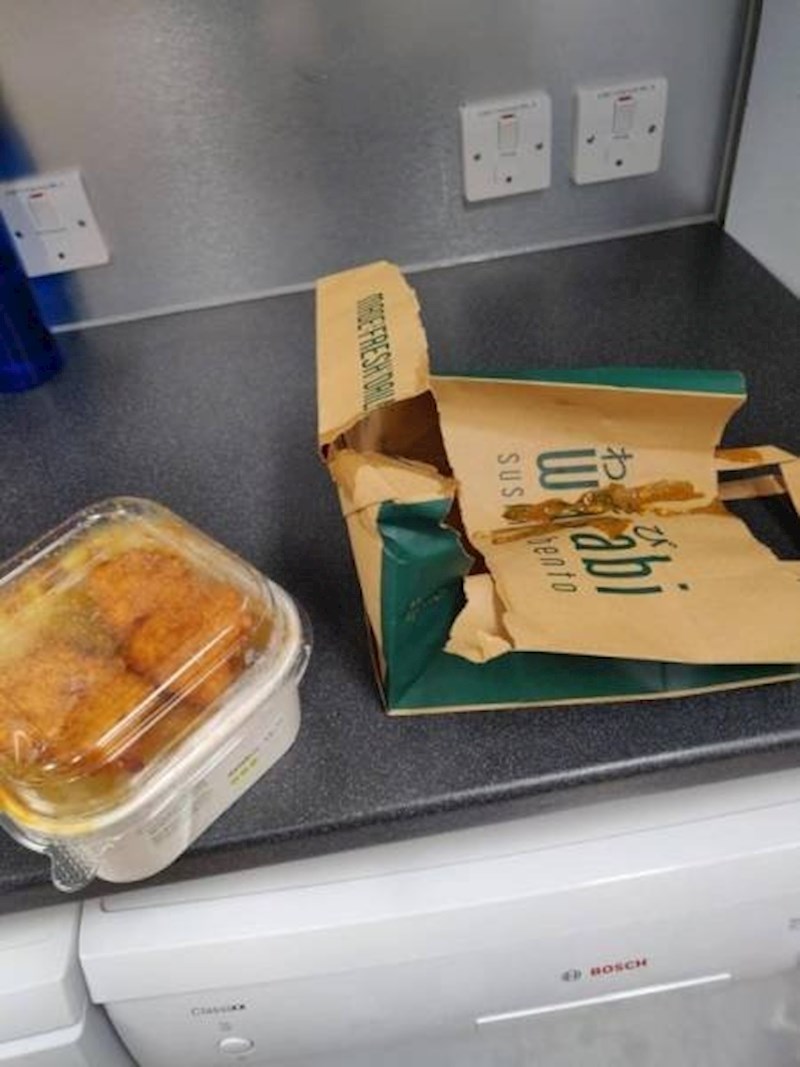 "Plastična vrećica mi je pukla, a moja curry piletina s rižom se 'razbacala' po kuhinji koju imamo na poslu."