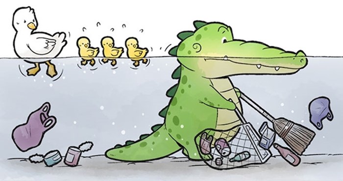 Stripovi koji pokazuju kako aligator pomaže drugima