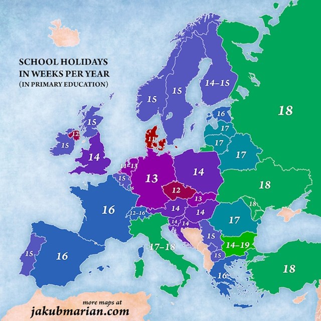 Duljina školskih praznika u Europi u tjednima