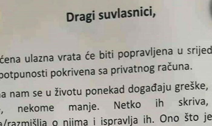 Netko je oštetio ulazna vrata zgrade, a onda je stanare dočekala poruka koja im je popravila dan