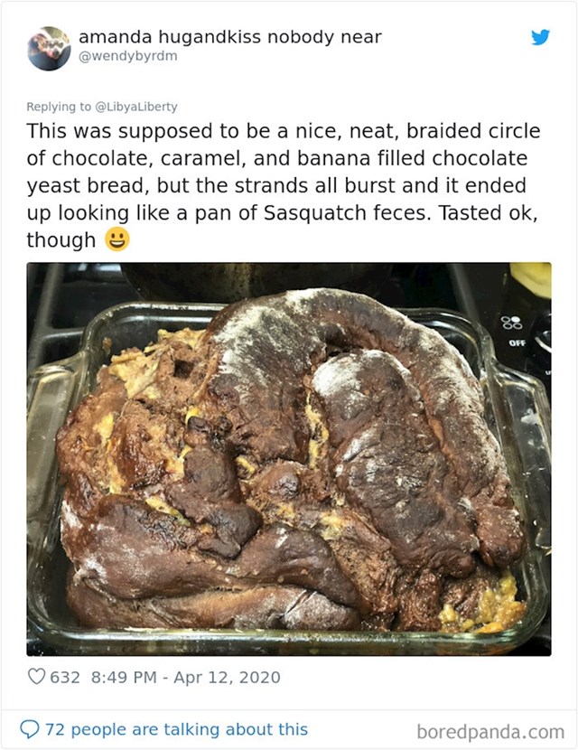 Ljudi su u karanteni slikali svoje najgore kulinarske promašaje, evo najsmješnijih primjera trebao je ovo biti ukusan čoko-banana kruh, no ispao je kao nešto sasvim drugo... znate već što.