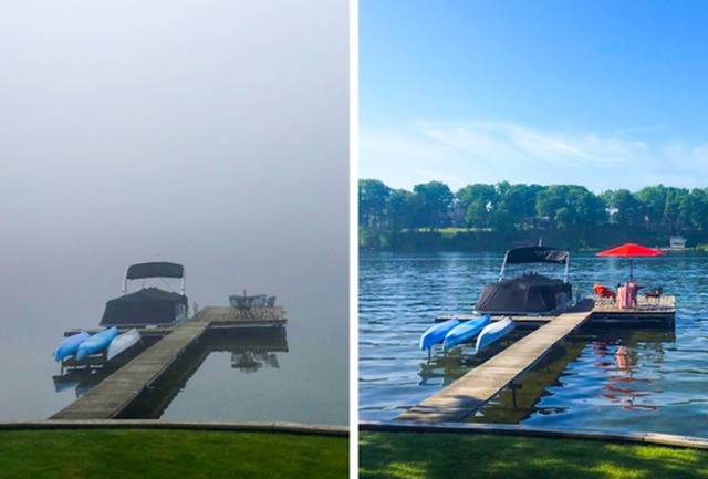 Isto jezero prije i nakon što je magla nestala (vremenski razmak od 2 sata)