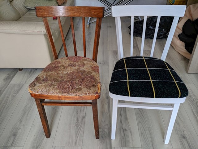 Ove stolice su nekad izgledale sasvim jednako, no sada desna izgleda kao da je nova.