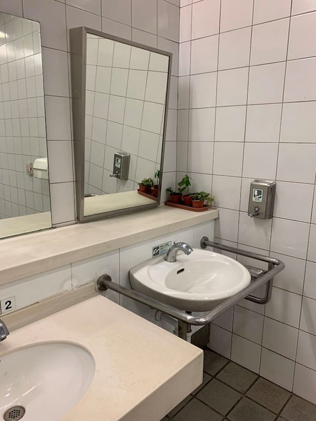 Ovaj javni zahod ima nakošeno ogledalo za osobe u invalidskim kolicima.