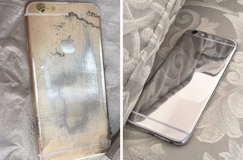 Mobitel joj je bio izgreban pa je malo po malo maknula zlatni sloj i ispolirala svoj iPhone. Na kraju je izgledao još bolje.