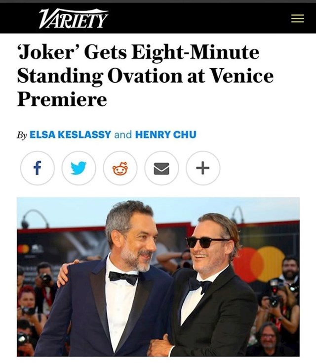 Film "Joker" je na premijeri na filmskom festivalu u Veneciji dobio pljesak koji je trajao čak 8 minuta.