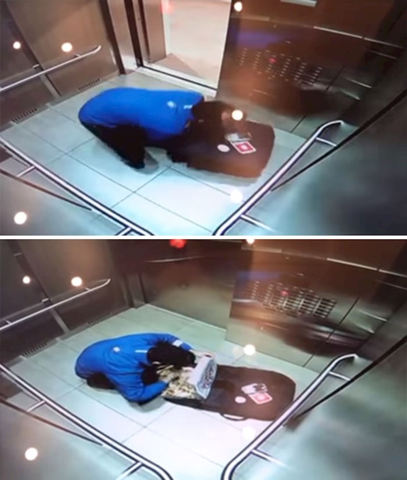 Netko je naručio pizzu, kamera u liftu otkrila je da je i dostavljač bio gladan.