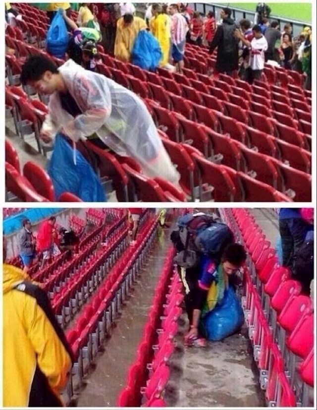 Japanski navijači poslije utakmice nerijetko ostanu čistiti stadion. Ove slike su sa Svjetskog prvenstva.