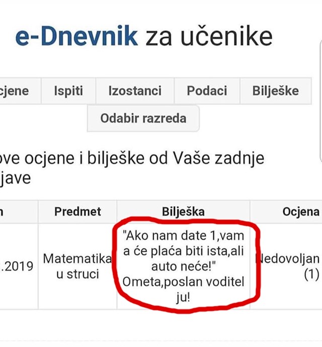 Bilješka iz e-Dnevnika: