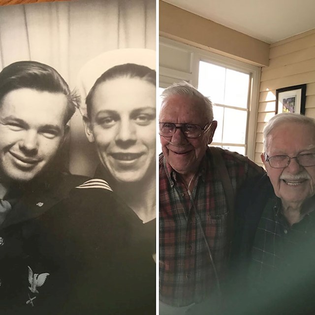 "Moj djed i njegov prijatelj koji živi preko puta rođen je samo 2 sata nakon njega. Lijevo je njihova fotka iz 1942/43. kad su bili u mornarici, desno je fotka koju su nedavno slikali. Imaju 93 godine.