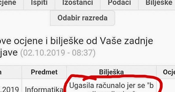 Učenica je na satu informatike isključila računalo, profesor je zapisao njeno neočekivano opravdanje