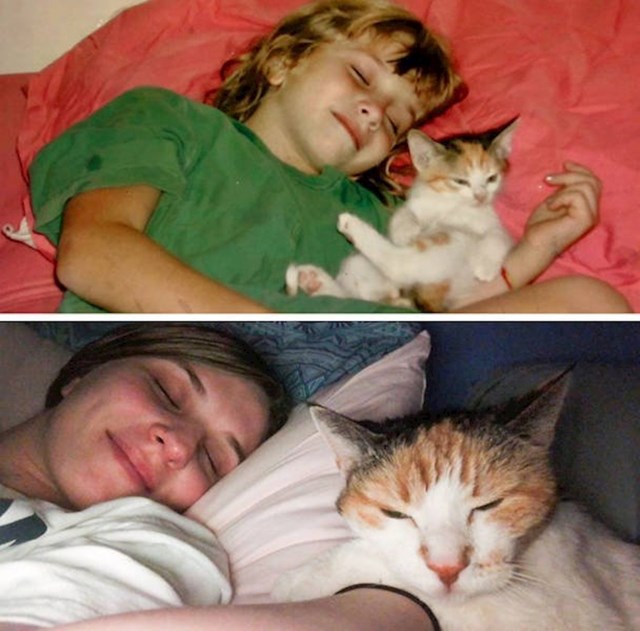 "Gornja fotka je slikana prije 14 godina. Moja mačka i ja još uvijek zajedno spavamo u istom krevetu."