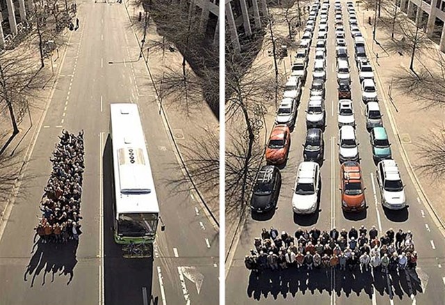 Stanje na cestama kad ljudi koriste gradski prijevoz i kad svatko koristi svoj auto