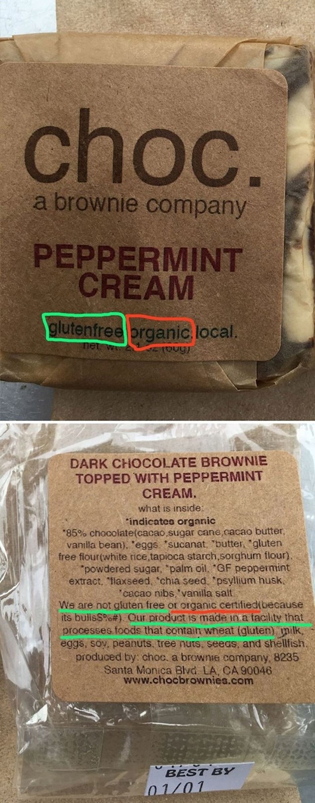Organski i bez glutena? Ne, ovaj brownie nije niti jedno od toga. Tako piše i na deklaraciji na drugoj strani pakovanja.