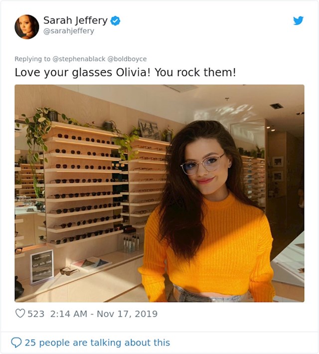"Sviđaju mi se tvoje naočale, Olivia!"