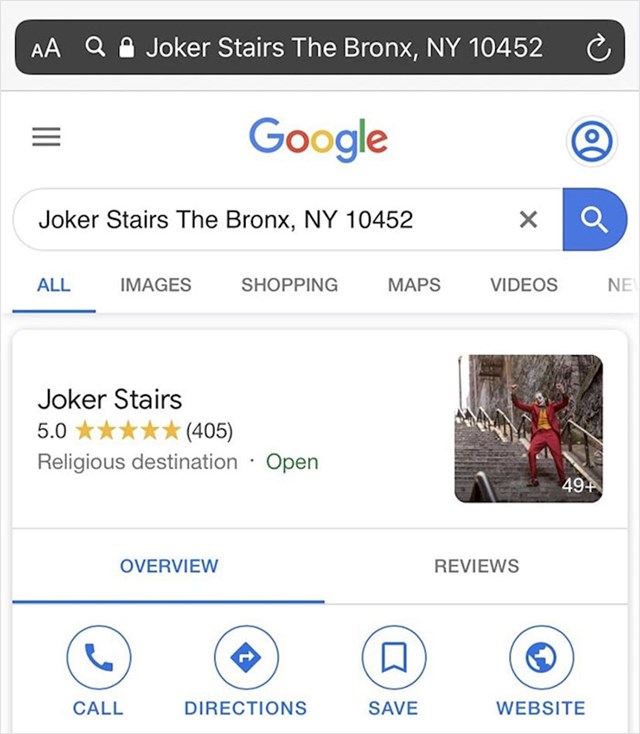 Obožavatelji filma označili su stepenice na kojima je Joker plesao kao "Jokerove stepenice" na Googleu, a kao kategoriju odabrali su "Vjerska destinacija".