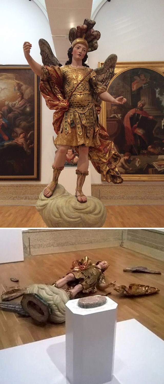 Još jedan pokušaj slikanja koji je loše završio. Jedan neoprezni turist htio se slikati s kipon Svetog Mihovila u Muzeju antičke umjetnosti u Lisabonu. Kip se razbio i nije ga bilo moguće popraviti.