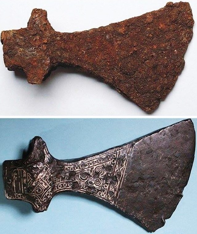 Stara vikinška sjekira (iz 10. ili 11. stoljeća) prije i nakon restauracije